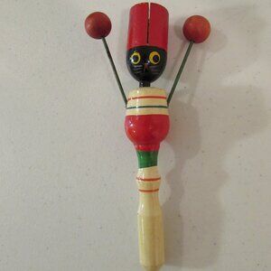 Vintage Black Cat Wood Noisemaker Clacker Whistle Toy Japan